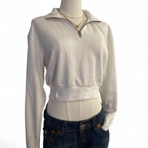 |TNA| Airy Fleece White Cropped Long-sleeve Quarter Zip Sweatshirt Woman's M